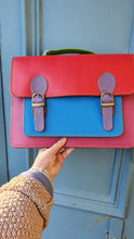 Load image into Gallery viewer, Recycled leather/fairtrade colourful satchel with detachable handle £56 (was £74.95)

