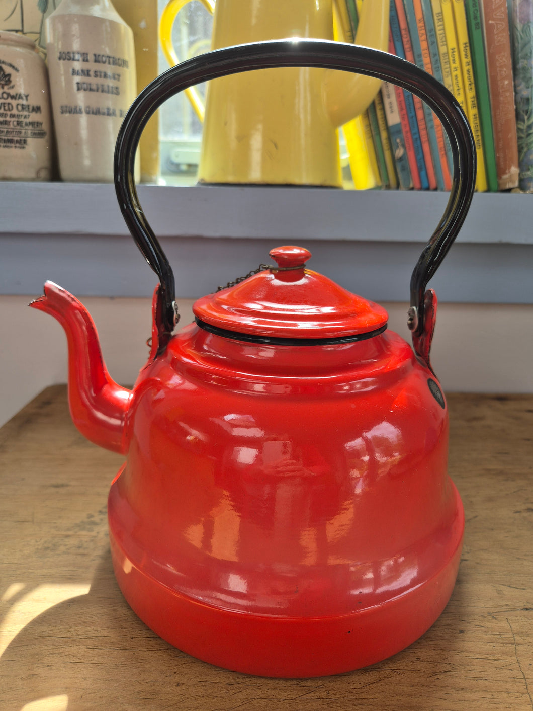 Large vintage red enamel kettle