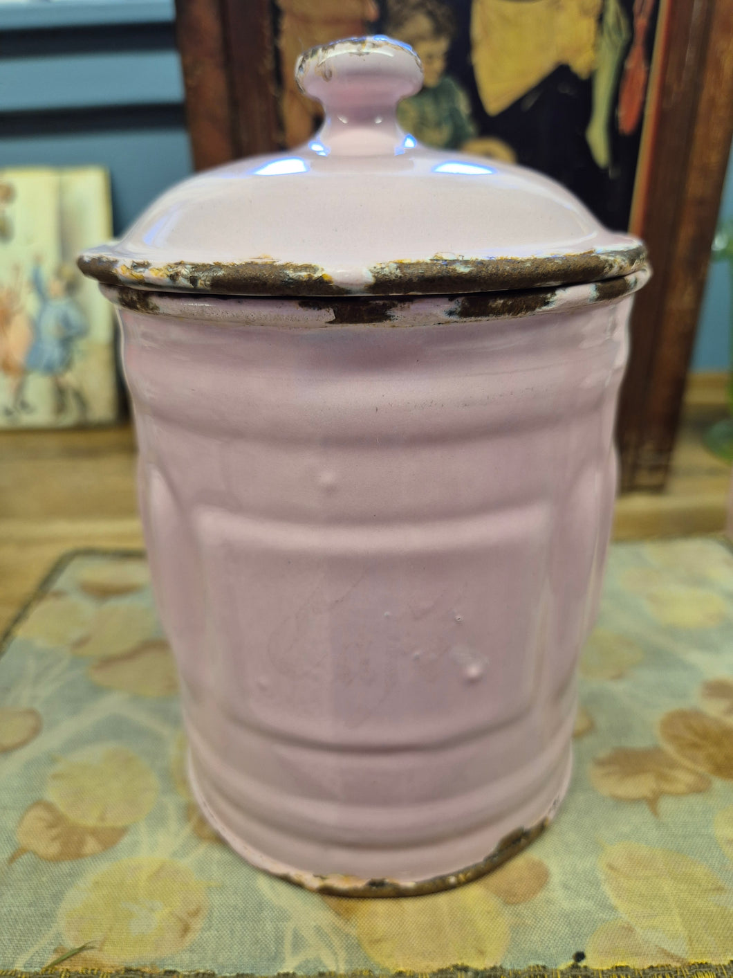 Rare French Vintage pink enamel canister