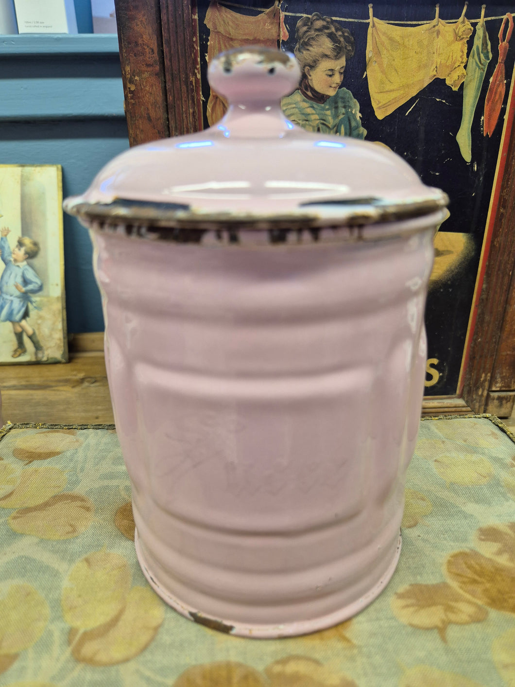 Rare French vintage pink enamelware canister