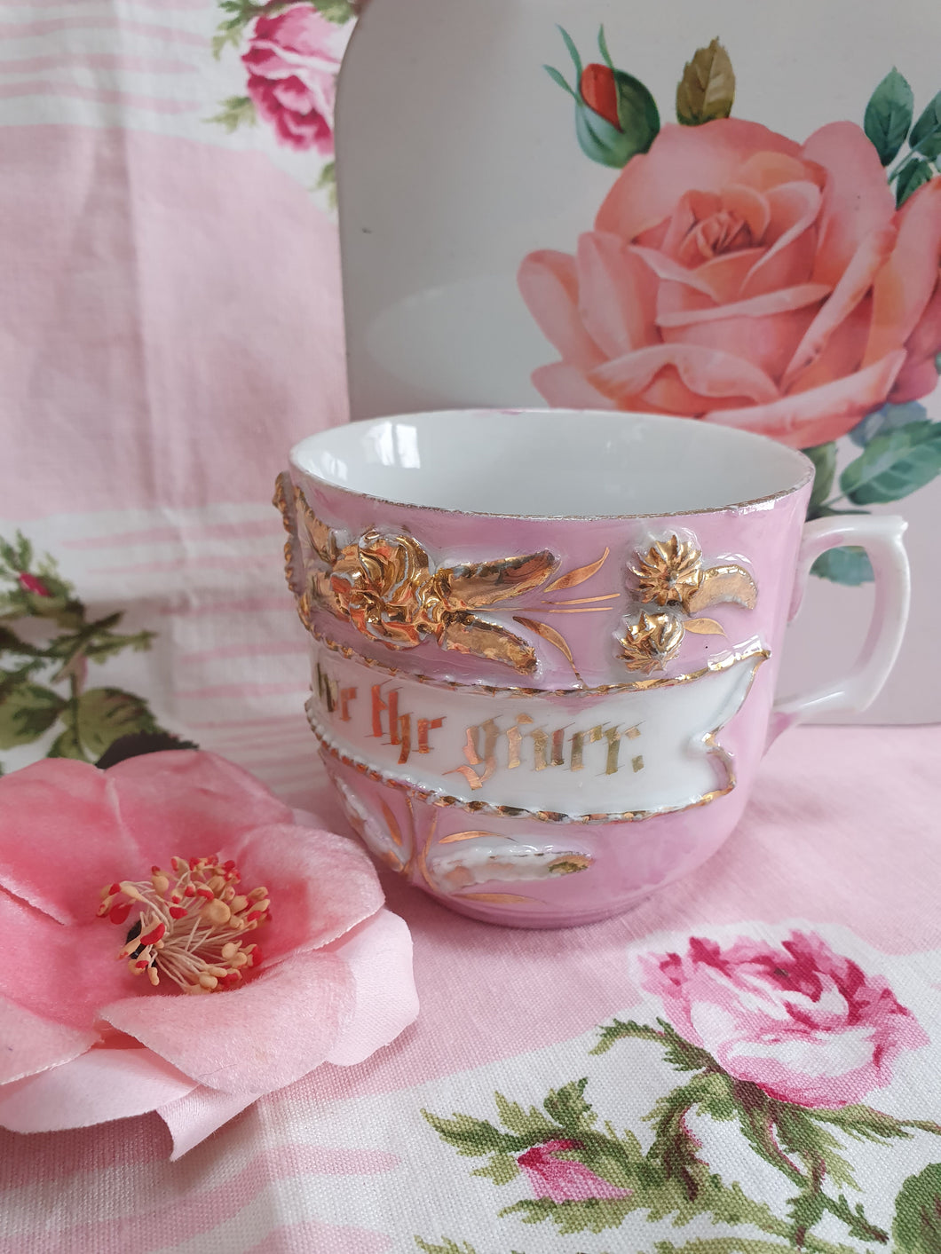 Victorian pink  lustreware motto cup