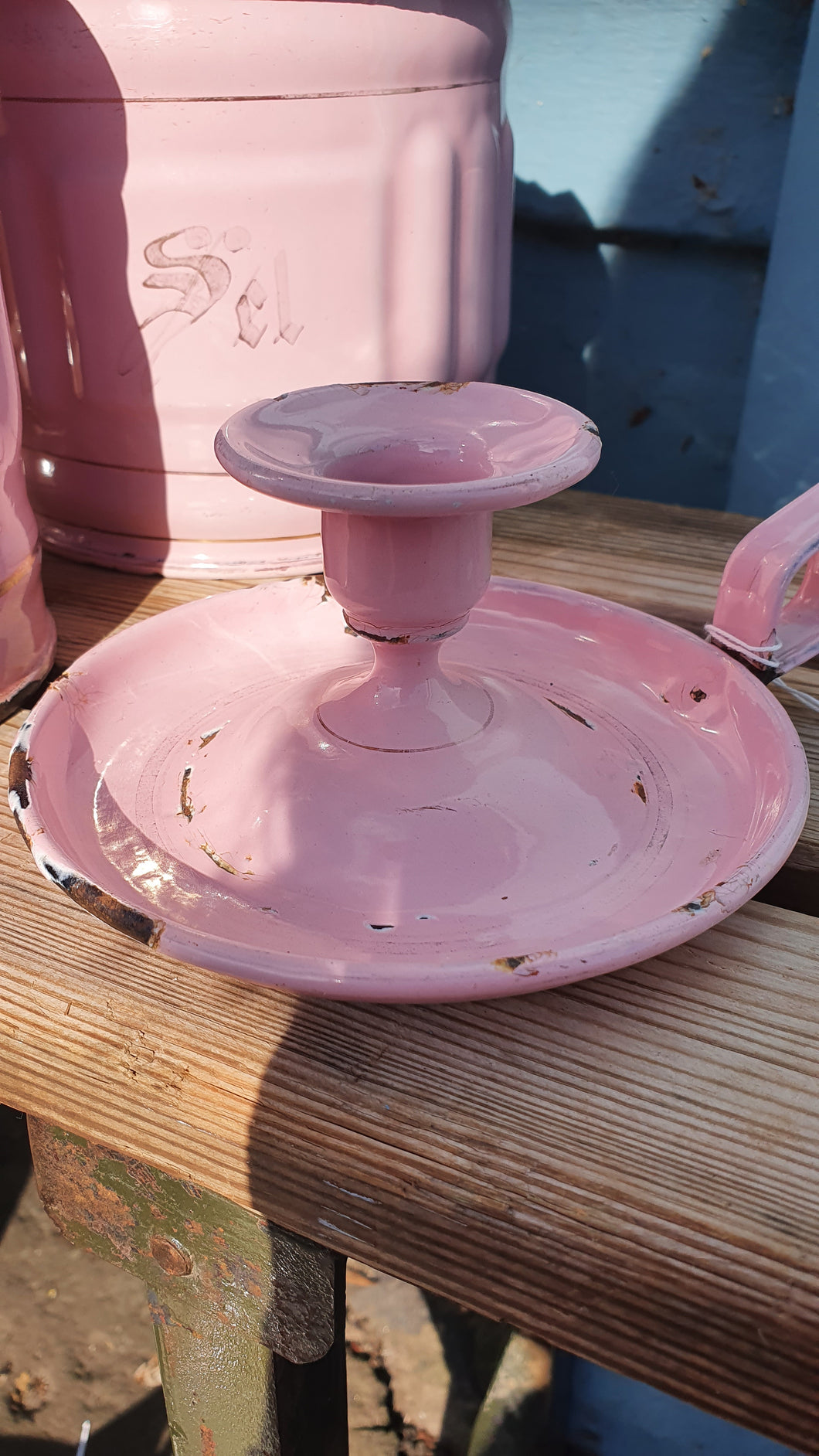 Very rare French enamel vintage pink candlestick