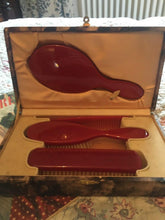 Load image into Gallery viewer, 1930s French Red Bakelite dressing table set in original box
