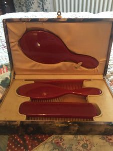 1930s French Red Bakelite dressing table set in original box